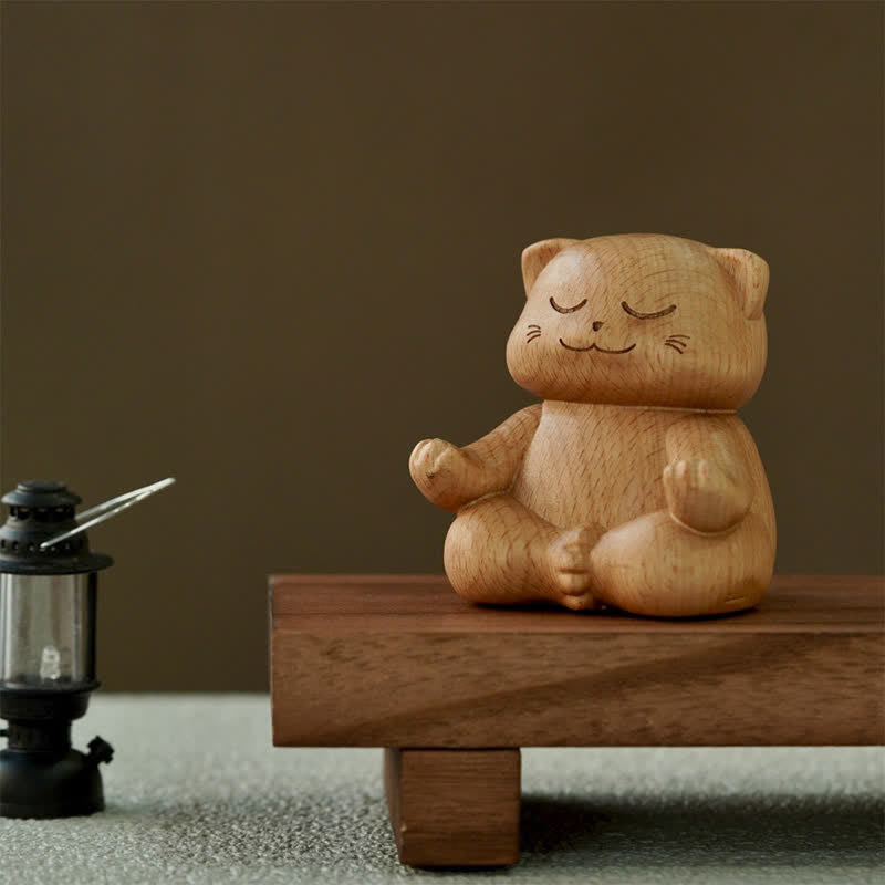 Buddha Stones Drewniany medytujący kot oświecający ręcznie rzeźbiony uroczy zwierzęcy wystrój - image 1