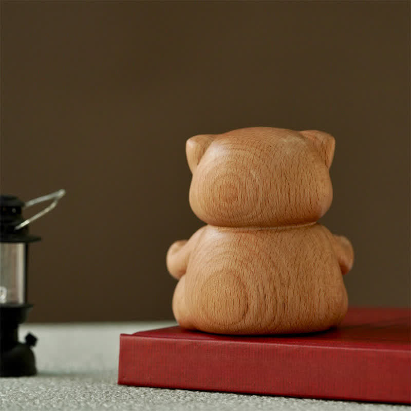 Buddha Stones Drewniany medytujący kot oświecający ręcznie rzeźbiony uroczy zwierzęcy wystrój - image 6