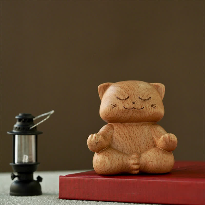 Buddha Stones Drewniany medytujący kot oświecający ręcznie rzeźbiony uroczy zwierzęcy wystrój - Krąg Zen (Oświecenie ♥ Bezwysiłkowość) - image 0
