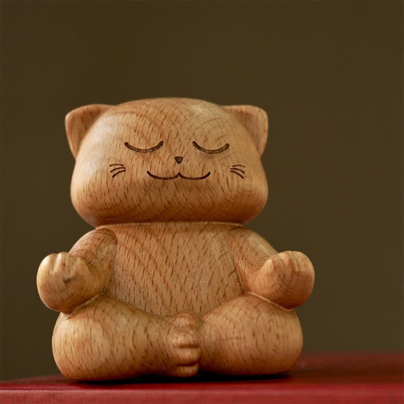 Buddha Stones Drewniany medytujący kot oświecający ręcznie rzeźbiony uroczy zwierzęcy wystrój - image 4