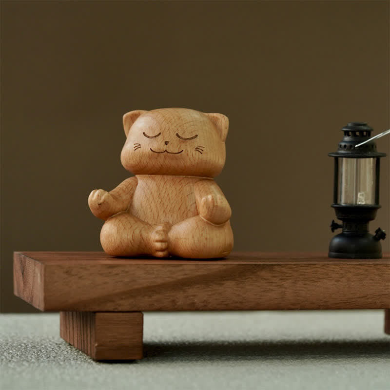 Buddha Stones Drewniany medytujący kot oświecający ręcznie rzeźbiony uroczy zwierzęcy wystrój - image 2