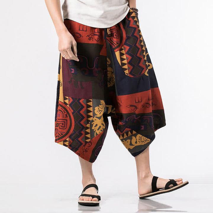 Buddha Stones Letnie, swobodne spodnie capri z bawełny i lnu w stylu boho, ściągane sznurkiem, z kwiatowym wzorem, męskie spodnie haremowe z kieszenią - Czerwony - US/UK/AU48， EU58(5XL) - image 7