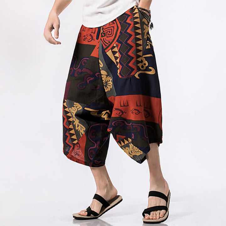 Buddha Stones Letnie, swobodne spodnie capri z bawełny i lnu w stylu boho, ściągane sznurkiem, z kwiatowym wzorem, męskie spodnie haremowe z kieszenią - image 10