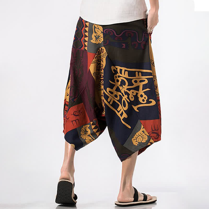 Buddha Stones Letnie, swobodne spodnie capri z bawełny i lnu w stylu boho, ściągane sznurkiem, z kwiatowym wzorem, męskie spodnie haremowe z kieszenią - image 14