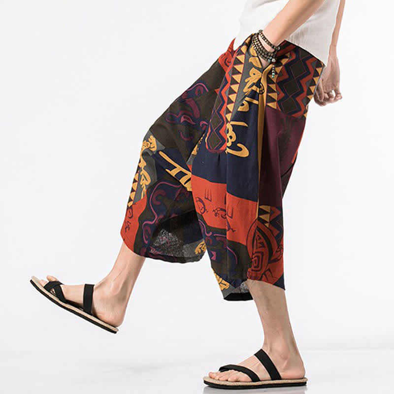 Buddha Stones Letnie, swobodne spodnie capri z bawełny i lnu w stylu boho, ściągane sznurkiem, z kwiatowym wzorem, męskie spodnie haremowe z kieszenią - image 12