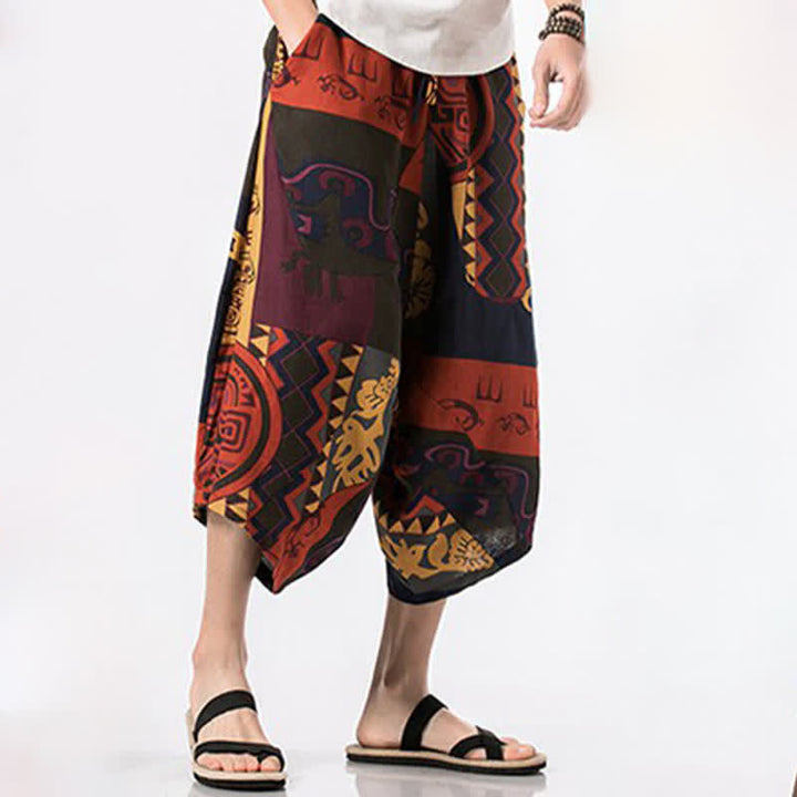 Buddha Stones Letnie, swobodne spodnie capri z bawełny i lnu w stylu boho, ściągane sznurkiem, z kwiatowym wzorem, męskie spodnie haremowe z kieszenią - image 8