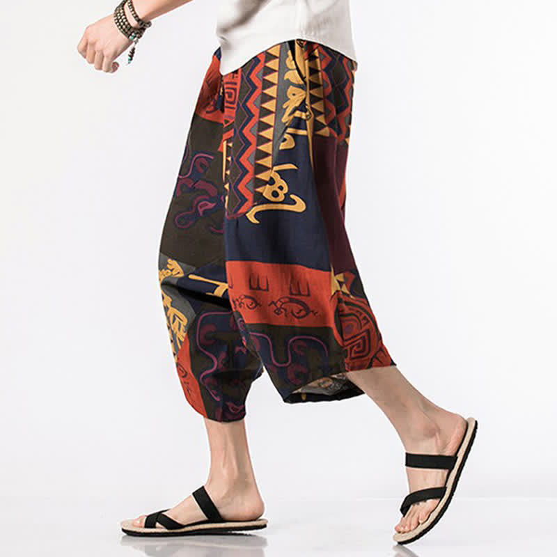 Buddha Stones Letnie, swobodne spodnie capri z bawełny i lnu w stylu boho, ściągane sznurkiem, z kwiatowym wzorem, męskie spodnie haremowe z kieszenią - image 11