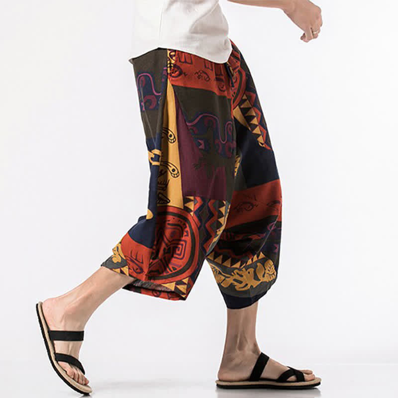 Buddha Stones Letnie, swobodne spodnie capri z bawełny i lnu w stylu boho, ściągane sznurkiem, z kwiatowym wzorem, męskie spodnie haremowe z kieszenią - image 9