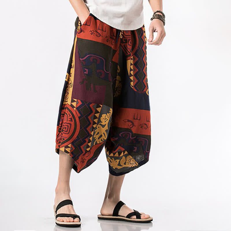 Buddha Stones Letnie, swobodne spodnie capri z bawełny i lnu w stylu boho, ściągane sznurkiem, z kwiatowym wzorem, męskie spodnie haremowe z kieszenią - image 13