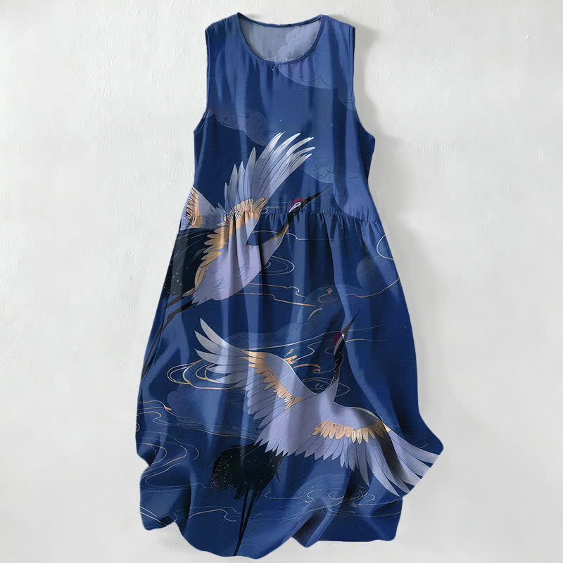Buddha Stones Letnia, swobodna, damska sukienka midi bez rękawów z kieszeniami i wzorem w fale latającego żurawia - Marynarka wojenna - US16, UK/AU20, EU48 (3XL) - image 4
