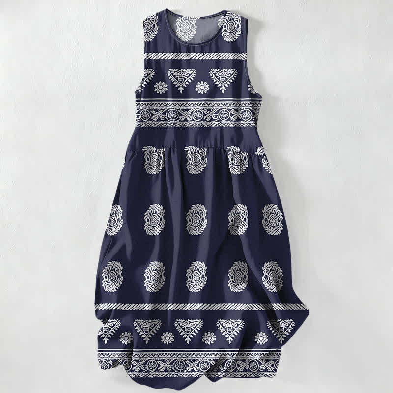 Buddha Stones Letnia, swobodna, damska sukienka midi bez rękawów z geometrycznym wzorem w paski i kieszeniami - Marynarka wojenna - US16, UK/AU20, EU48 (3XL) - image 4