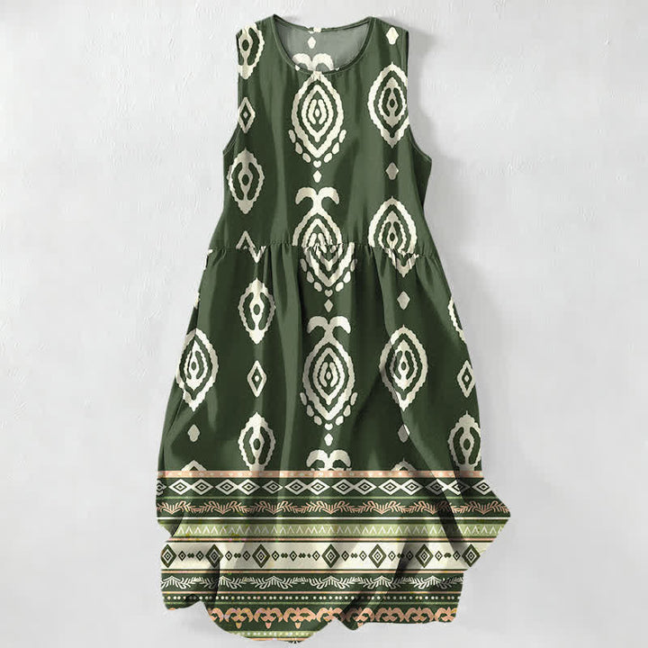 Buddha Stones Letnia, swobodna, damska sukienka midi bez rękawów z kieszeniami i geometrycznym wzorem w stylu plemiennym - DarkOliveGreen - US16, UK/AU20, EU48 (3XL) - image 0