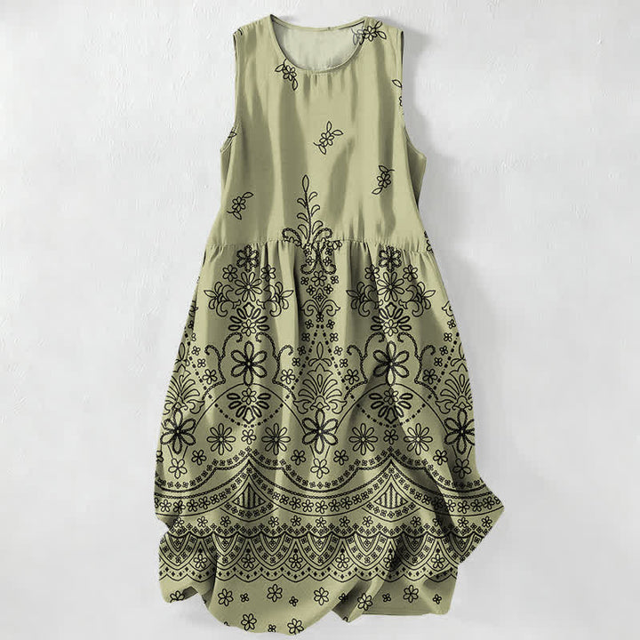 Buddha Stones Letnia, swobodna, damska sukienka midi bez rękawów z kwiatowym wzorem w stylu boho i kieszeniami - Oliwka - US16, UK/AU20, EU48 (3XL) - image 0