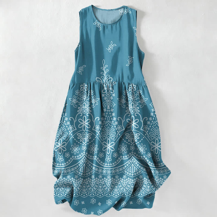 Buddha Stones Letnia, swobodna, damska sukienka midi bez rękawów z kwiatowym wzorem w stylu boho i kieszeniami - Turkus - US16, UK/AU20, EU48 (3XL) - image 5