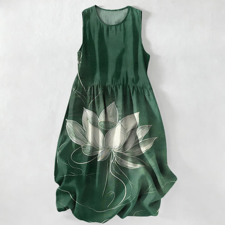 Buddha Stones Letnia, swobodna, damska sukienka midi bez rękawów z kieszeniami i wzorem w kwiaty lotosu - ForestGreen - US16, UK/AU20, EU48 (3XL) - image 0