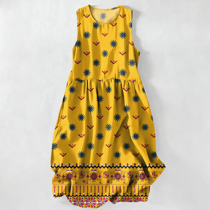 Buddha Stones Letnia, swobodna sukienka midi w stylu boho z kwiatowym, geometrycznym wzorem, damska, bez rękawów i kieszeniami - Złoto - US16, UK/AU20, EU48 (3XL) - image 0