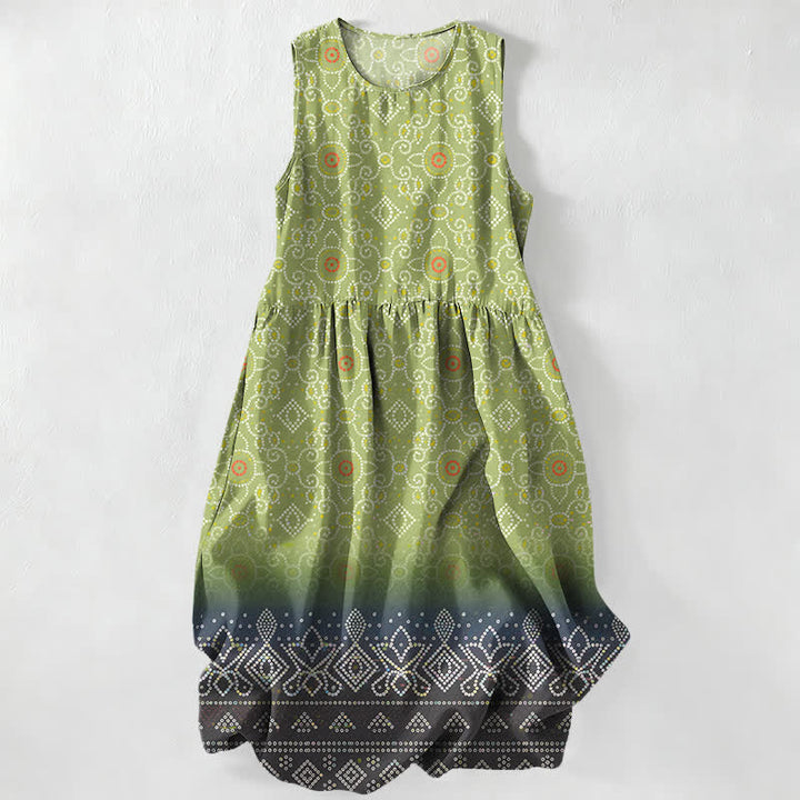 Buddha Stones Letnia, swobodna, damska sukienka midi z geometrycznym kwiatowym wzorem w stylu boho, bez rękawów i kieszeniami - Jasnozielony - US16, UK/AU20, EU48 (3XL) - image 0