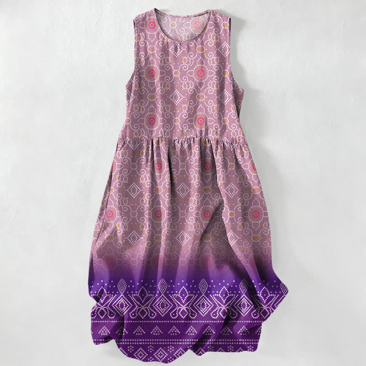 Buddha Stones Letnia, swobodna, damska sukienka midi z geometrycznym kwiatowym wzorem w stylu boho, bez rękawów i kieszeniami - Śliwka - US16, UK/AU20, EU48 (3XL) - image 4