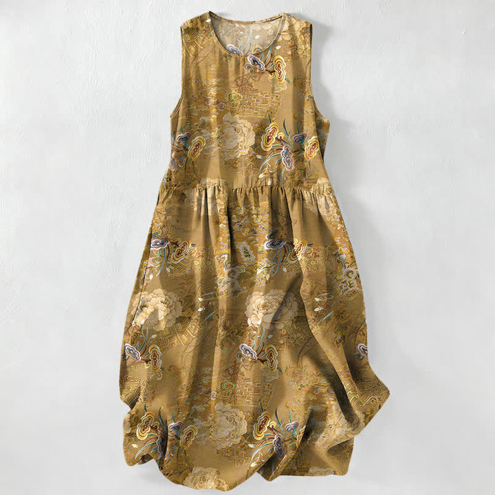 Buddha Stones Letnia, swobodna, damska sukienka midi w stylu vintage z kwiatowym wzorem paisley i bez rękawów, z kieszeniami - DarkGoldenrod - US16, UK/AU20, EU48 (3XL) - image 0