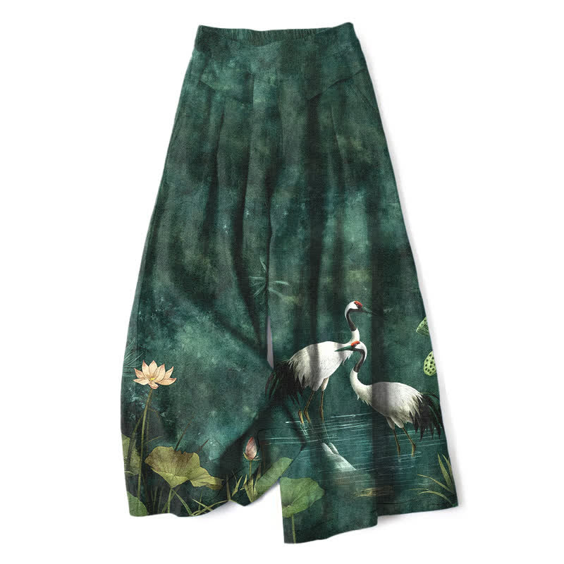Buddha Stones Spodnie damskie z szerokimi nogawkami i elastyczną talią, wzorem żurawia i lotosu, z kieszeniami - ForestGreen - US16, UK/AU20, EU48 (3XL) - image 0