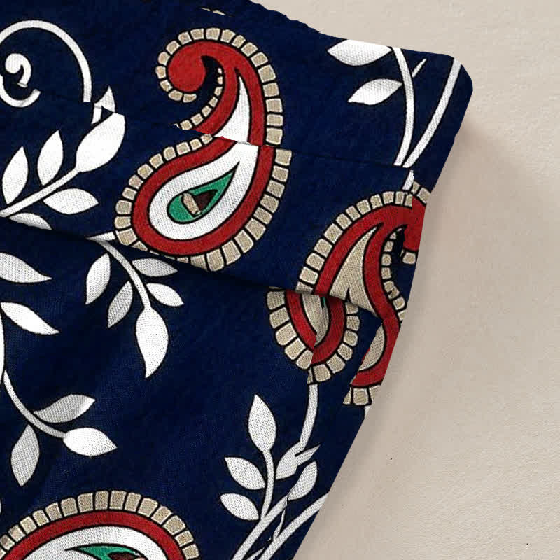 Buddha Stones Spodnie damskie z szerokimi nogawkami i elastyczną talią, wzorem paisley, z bawełny i lnu, z kieszeniami - image 2