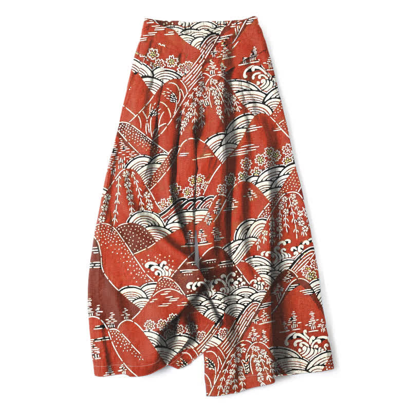 Buddha Stones Spodnie damskie z szerokimi nogawkami i elastyczną talią, z japońskim wzorem fal i kieszeniami - IndianRed - US16, UK/AU20, EU48 (3XL) - image 0