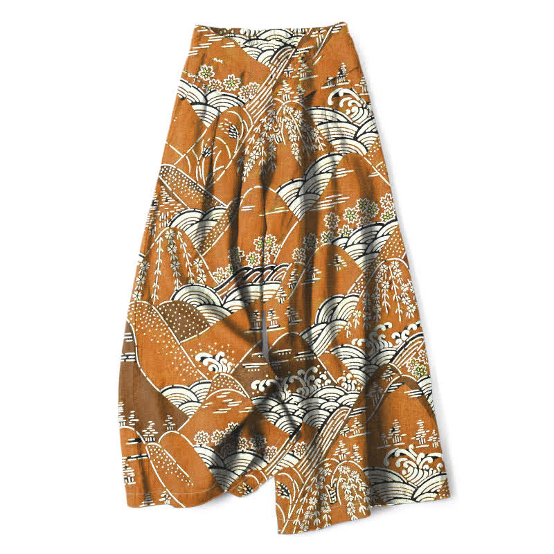 Buddha Stones Spodnie damskie z szerokimi nogawkami i elastyczną talią, z japońskim wzorem fal i kieszeniami - Nawłoć - US16, UK/AU20, EU48 (3XL) - image 4
