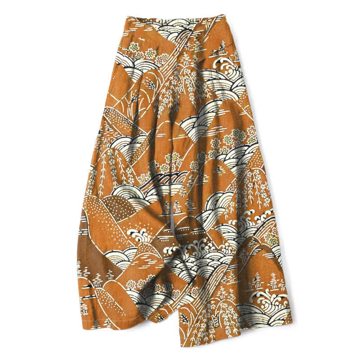 Buddha Stones Spodnie damskie z szerokimi nogawkami i elastyczną talią, z japońskim wzorem fal i kieszeniami - Nawłoć - US16, UK/AU20, EU48 (3XL) - image 4