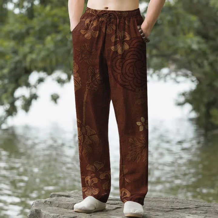 Buddha Stones Spodnie męskie zwężane z bawełny w kwiaty w stylu vintage z kieszeniami - SaddleBrown - US/UK/AU50, EU60 (5XL) - image 0