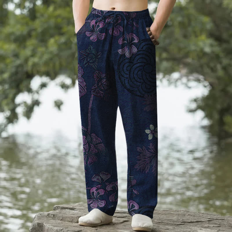 Buddha Stones Spodnie męskie zwężane z bawełny w kwiaty w stylu vintage z kieszeniami - Marynarka wojenna - US/UK/AU50, EU60 (5XL) - image 6
