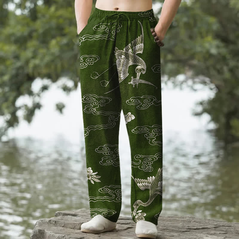 Buddha Stones Spodnie męskie zwężane z bawełny w kolorze białym z motywem żurawia i chmur, z kieszeniami - DarkOliveGreen - US/UK/AU50, EU60 (5XL) - image 6
