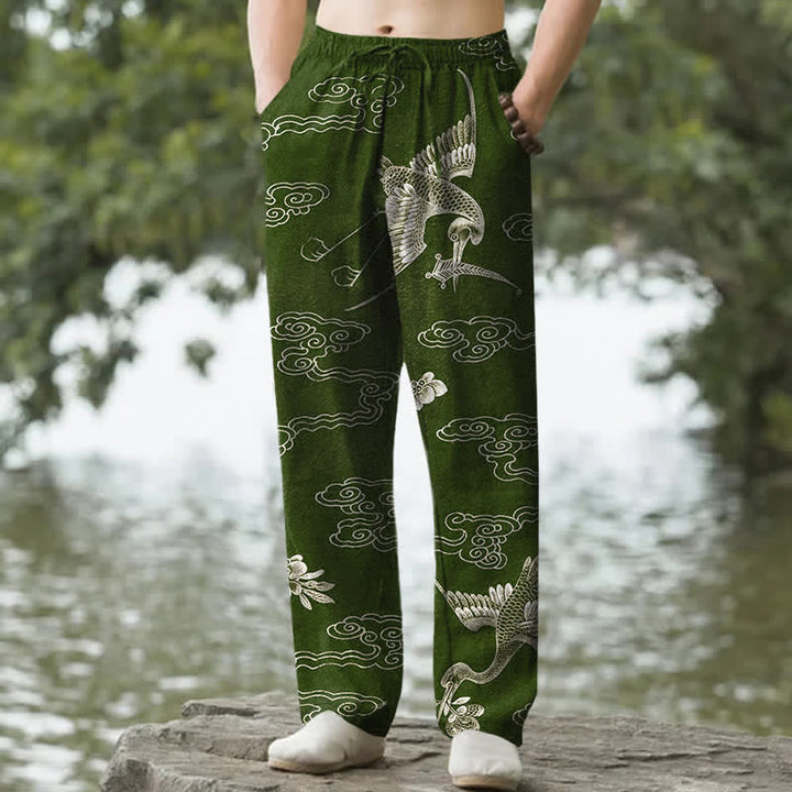 Buddha Stones Spodnie męskie zwężane z bawełny w kolorze białym z motywem żurawia i chmur, z kieszeniami - DarkOliveGreen - US/UK/AU50, EU60 (5XL) - image 6