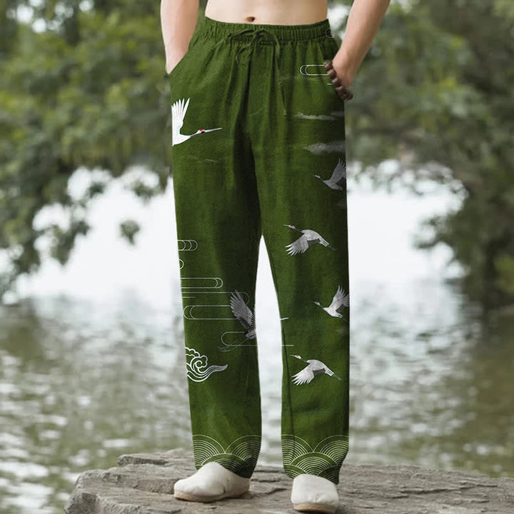 Buddha Stones Spodnie męskie zwężane z bawełny w kolorze białym z wzorem fali żurawia i kieszeniami - ForestGreen - US/UK/AU50, EU60 (5XL) - image 4