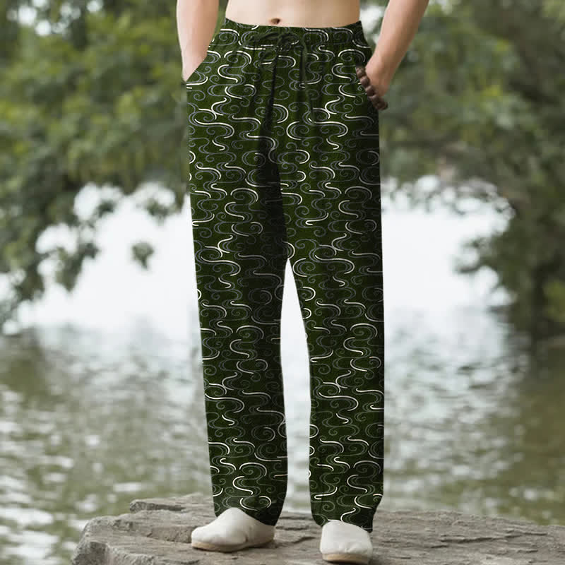 Buddha Stones Spodnie męskie zwężane z bawełny w białe fale z kieszeniami - DarkOliveGreen - US/UK/AU50, EU60 (5XL) - image 4