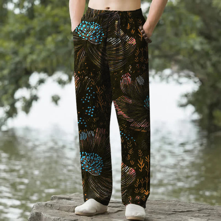Buddha Stones Spodnie męskie zwężane z bawełny w kwiaty z kieszeniami - Czarny - US/UK/AU50, EU60 (5XL) - image 4