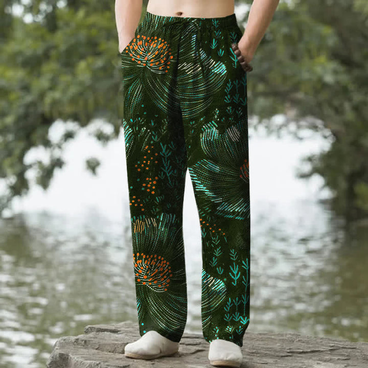 Buddha Stones Spodnie męskie zwężane z bawełny w kwiaty z kieszeniami - Ciemnozielony - US/UK/AU50, EU60 (5XL) - image 6