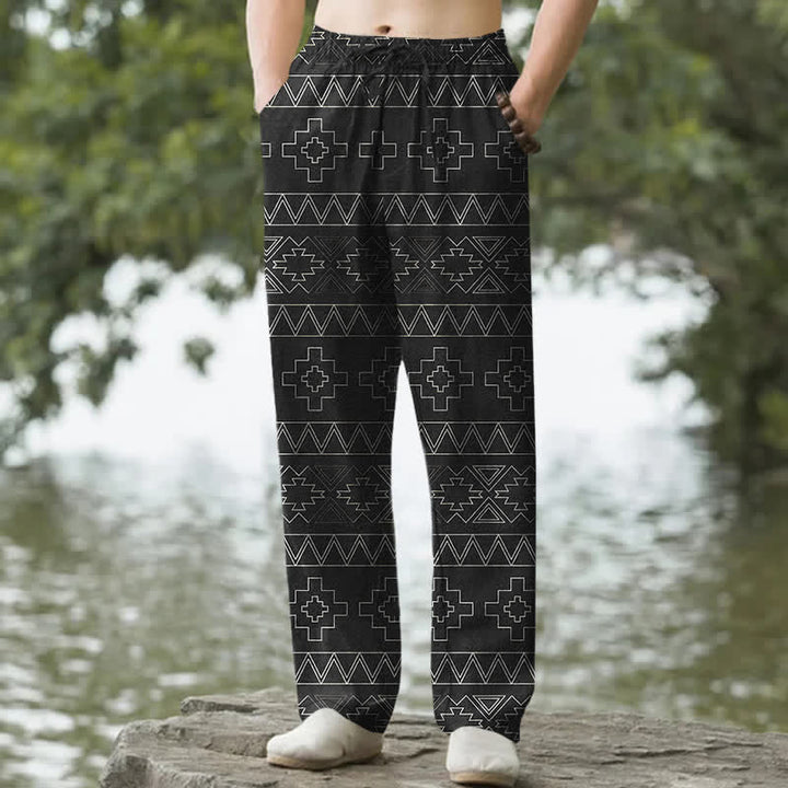 Buddha Stones Spodnie męskie zwężane z bawełny w stylu plemiennym, białe, z geometrycznym wzorem i kieszeniami - Czarny - US/UK/AU50, EU60 (5XL) - image 0