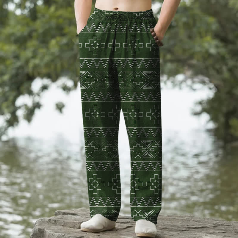 Buddha Stones Spodnie męskie zwężane z bawełny w stylu plemiennym, białe, z geometrycznym wzorem i kieszeniami - ForestGreen - US/UK/AU50, EU60 (5XL) - image 6