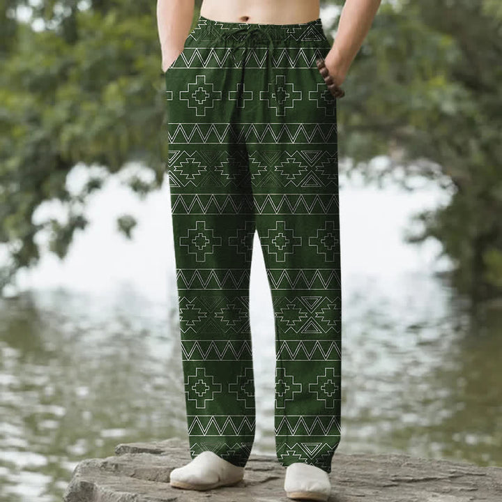 Buddha Stones Spodnie męskie zwężane z bawełny w stylu plemiennym, białe, z geometrycznym wzorem i kieszeniami - ForestGreen - US/UK/AU50, EU60 (5XL) - image 6