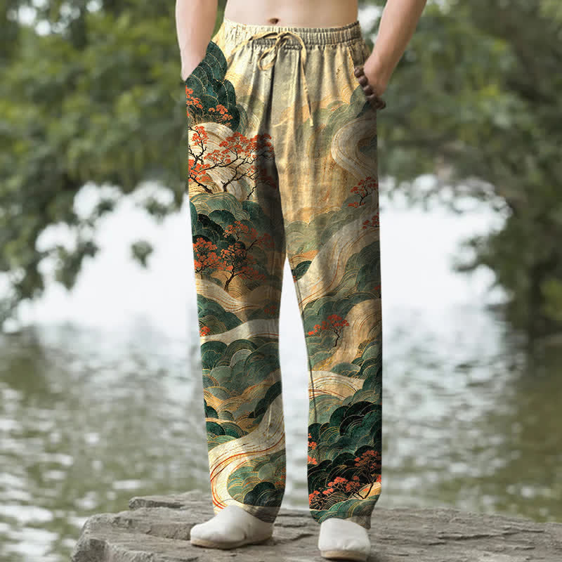 Buddha Stones Spodnie męskie zwężane z bawełny w kwiaty, z motywem górskim i rzecznym, z kieszeniami - Khaki - US/UK/AU50, EU60 (5XL) - image 0