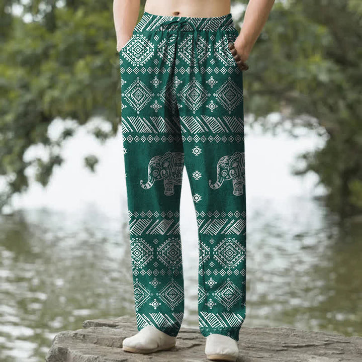 Buddha Stones Spodnie męskie zwężane z kieszeniami i wzorem plemiennym ze słoniem bawełnianym - Ciemnocyjanowy - US/UK/AU50, EU60 (5XL) - image 0