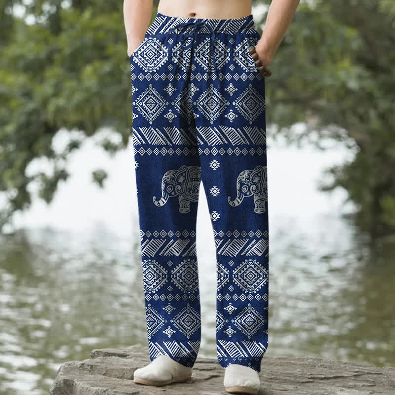 Buddha Stones Spodnie męskie zwężane z kieszeniami i wzorem plemiennym ze słoniem bawełnianym - Marynarka wojenna - US/UK/AU50, EU60 (5XL) - image 4