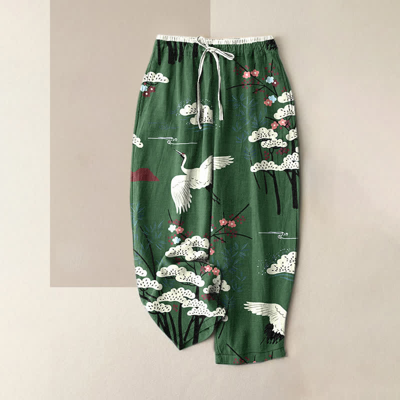 Buddha Stones Spodnie damskie z elastycznej talii z kieszeniami, z czystej bawełny, z eleganckim wzorem żurawia i białego drzewa - ForestGreen - US16, UK/AU20, EU48 (3XL) - image 4