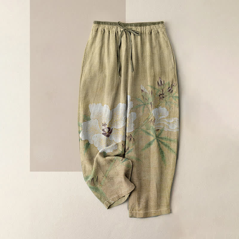 Buddha Stones Spodnie damskie z elastycznej talii z kieszeniami, z czystej bawełny, w białe kwiaty i liście - Ciemny Khaki - US16, UK/AU20, EU48 (3XL) - image 0