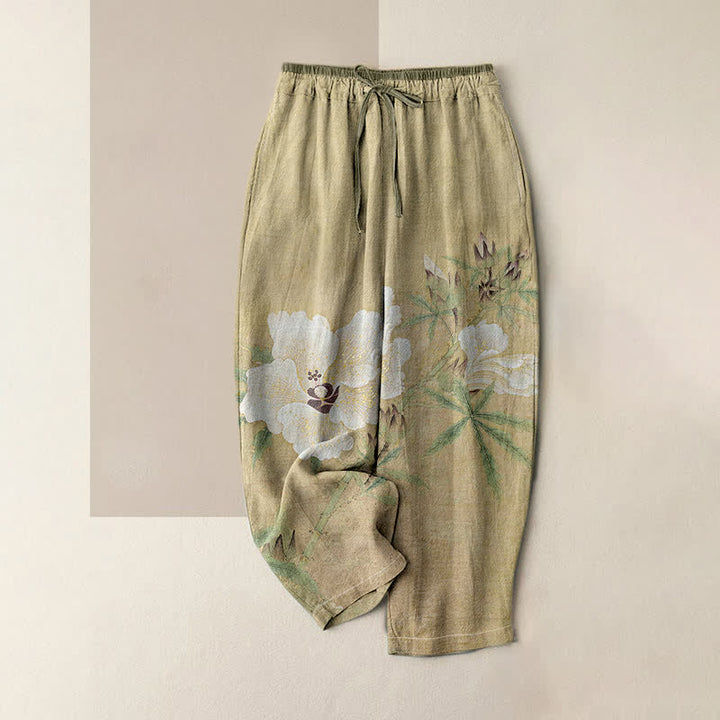 Buddha Stones Spodnie damskie z elastycznej talii z kieszeniami, z czystej bawełny, w białe kwiaty i liście - Ciemny Khaki - US16, UK/AU20, EU48 (3XL) - image 0