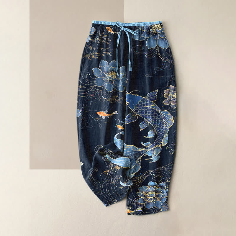 Buddha Stones Spodnie damskie z elastyczną talią i kieszeniami, z czystej bawełny, z motywem ryby koi i lotosu - Marynarka wojenna - US16, UK/AU20, EU48 (3XL) - image 0