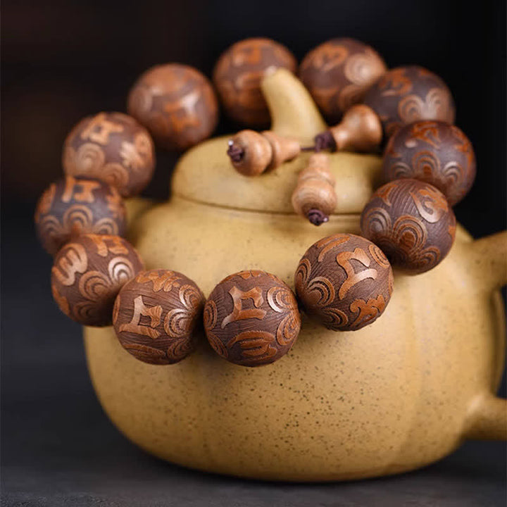 Buddha Stones Bransoletka z naturalnego drewna abelia biflora Heart Sutra Om Mani Padme Hum - image 1