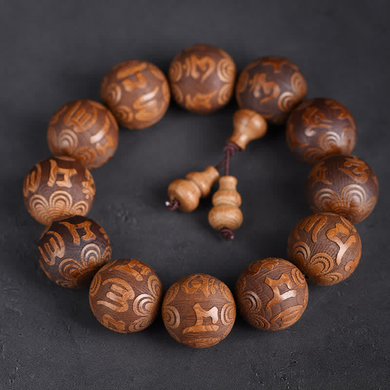 Buddha Stones Bransoletka z naturalnego drewna abelia biflora Heart Sutra Om Mani Padme Hum - Om Mani Padme Hum - image 0