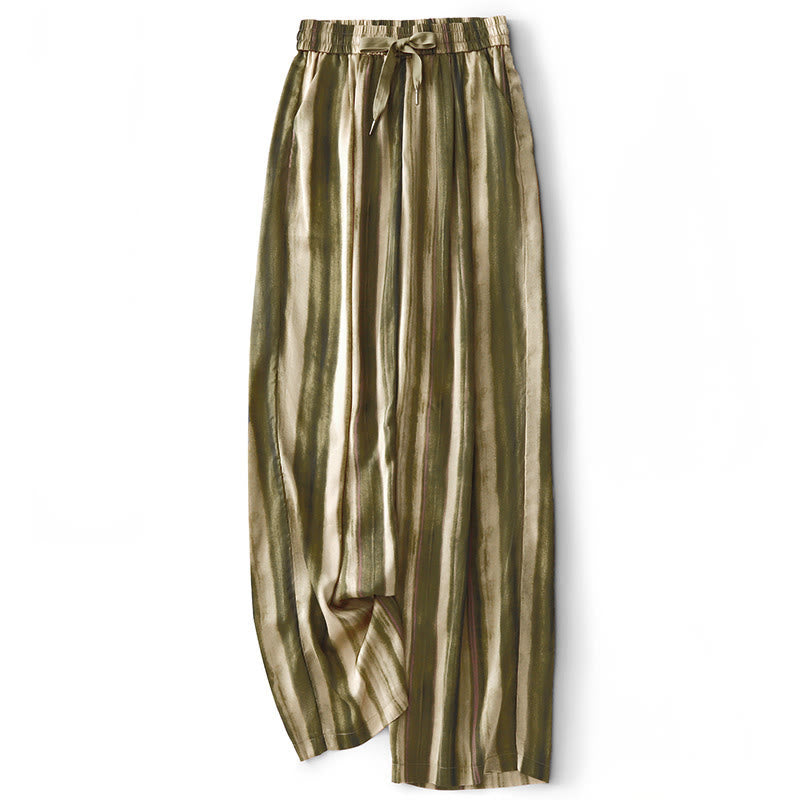 Buddha Stones Letnie, swobodne, eleganckie, długie spodnie damskie ze ściągaczem w pionowe paski, proste nogawki i kieszeniami - Ciemny Khaki - US8-10, UK/AU12-14, EU40-42 (2XL) - image 0