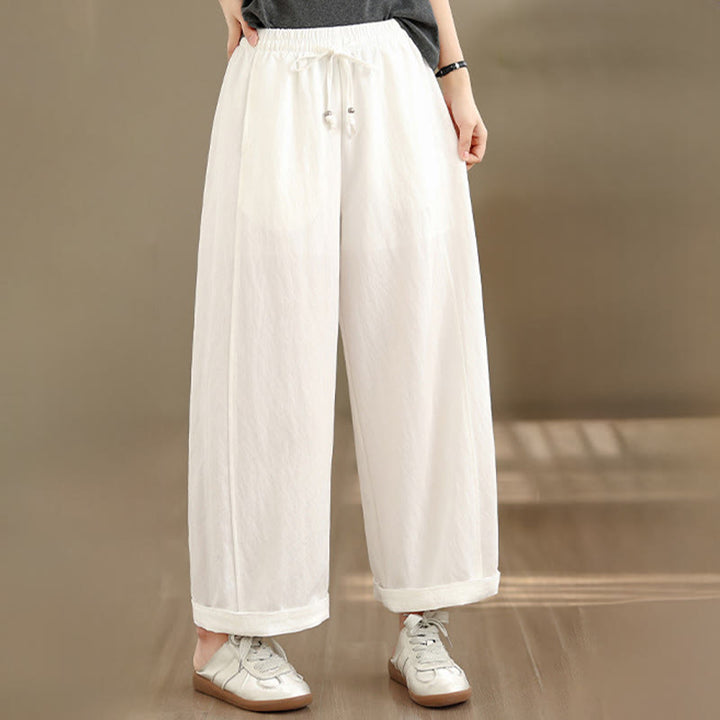 Buddha Stones Letnie, swobodne, damskie spodnie z szerokimi nogawkami i kieszeniami, ze ściągaczem i sznurkiem - image 2